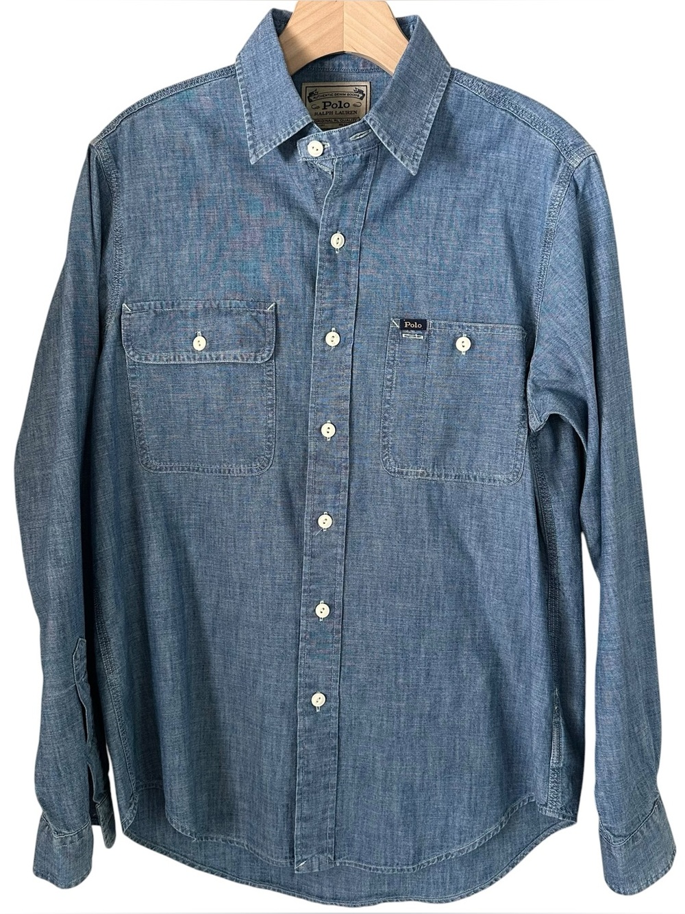 Polo Ralph Lauren Men's Small Blue Chambray Work Shirt Long Sleeve Chest Pockets